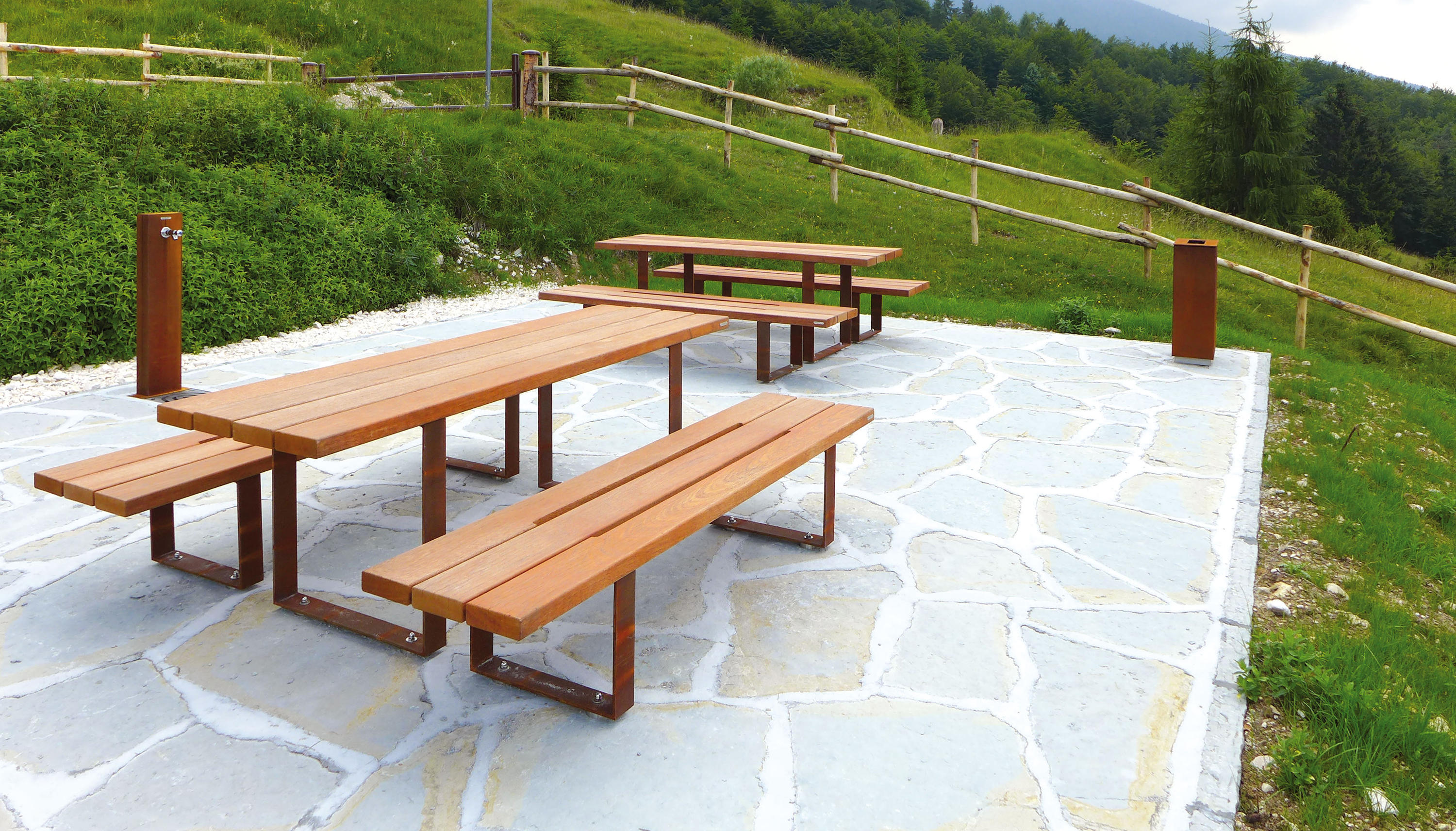 Outdoor Furniture Metal Wood Table Bench sets with Customized Material/color/ size Outdoor Dining Table Set
