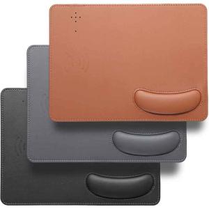 China Custom Logo PU Leather Mouse Pad Wireless Charger With Wrist Rest on sale