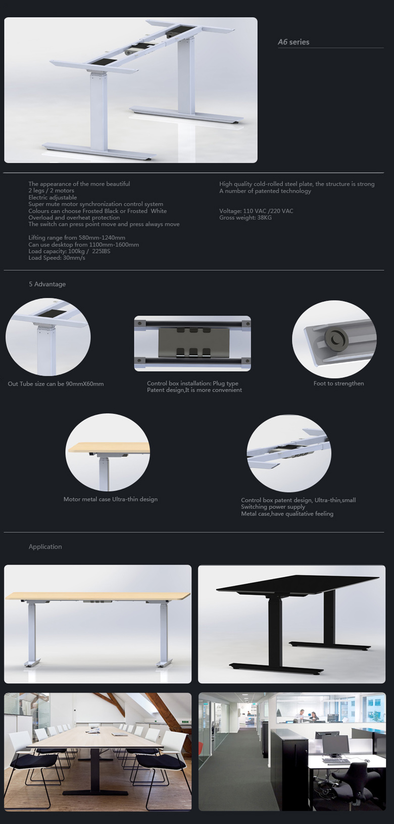 electric 2 segment desk leg for standing office desk, back to back height adjustable desk fram