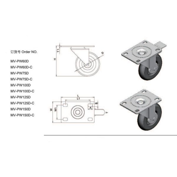Light Duty Locking Caster Wheels Aluminium Profile Accessories