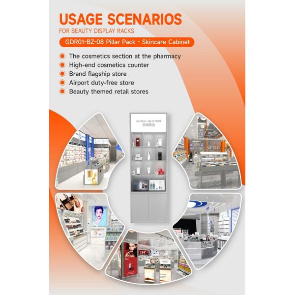 GDR01-BZ-08 Skincare Display Pillar with Grey Over-Oil Board and Soft Film Light Box for High-End Brand Sales Counters