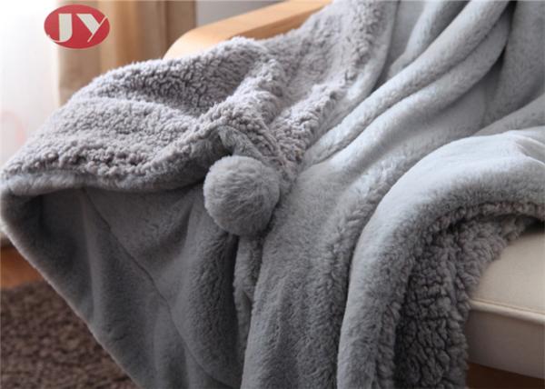 Quality Grey Plush Throw Blanket Fuzzy Soft faux fur Blanket Microfiber with pompom for Couch Sofa Bed for sale
