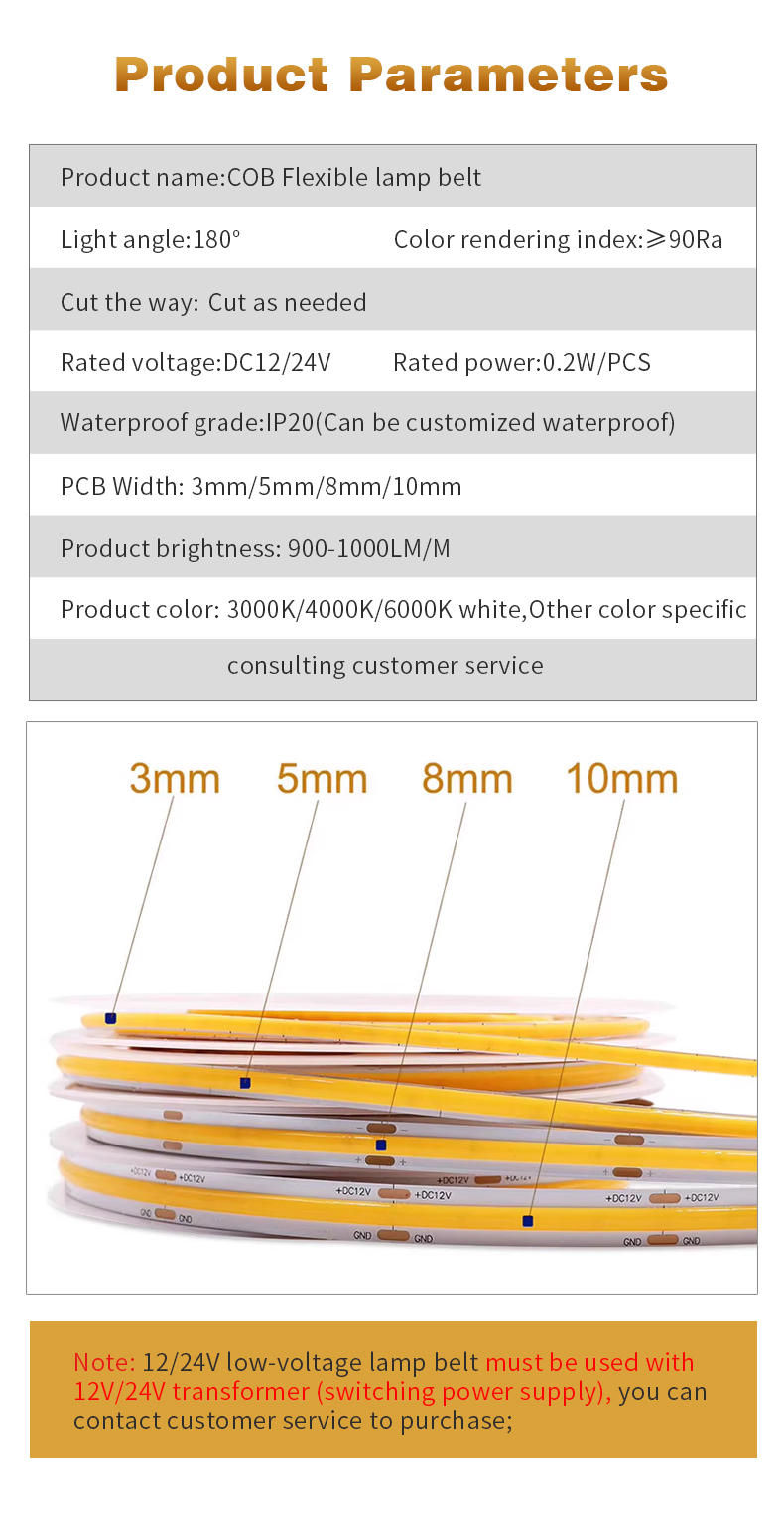 Cuttable COB LED Strip Light Kit 24v with 50000 Hours Lifespan and Multi Colors White