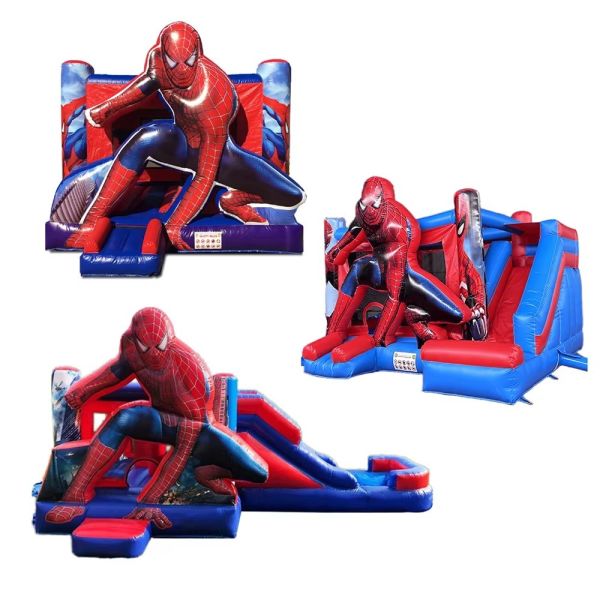 Spiderman Theme Inflatable Castle with Dry Slide and 950w Blower for Kids Party 5*5*3.6m Size 1-6 People Capacity