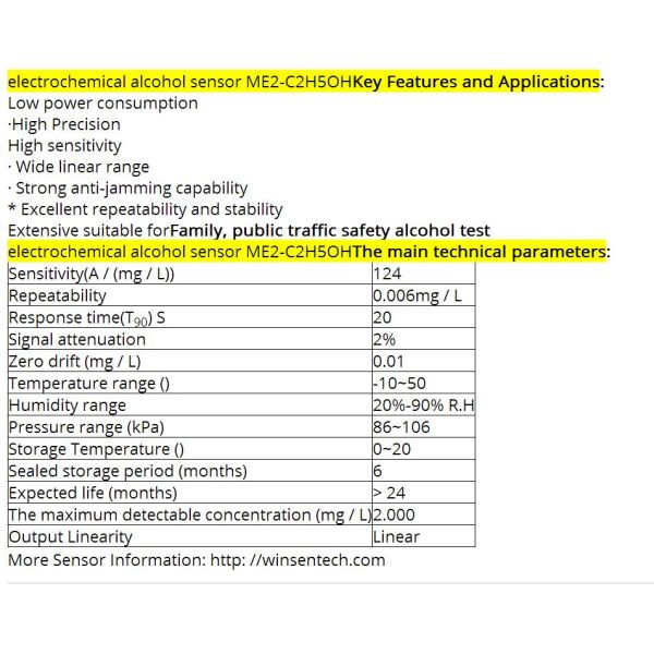 Supply of electrochemical alcohol sensor ME2-C2H5OH pump-priming ethanol sensor detection experiments