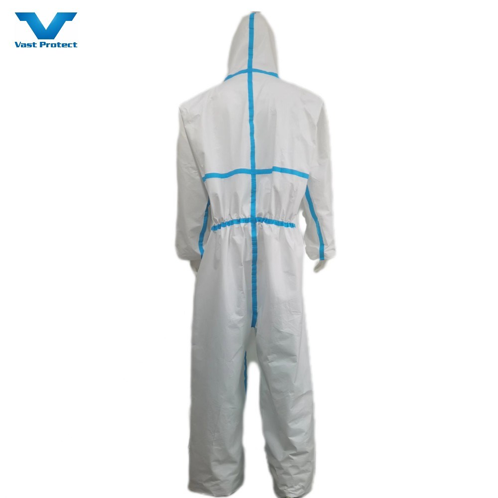 Hot Sale Wholesale Type4/5/6 Isolation Coverall with Blue Strip with Hood Without Boot