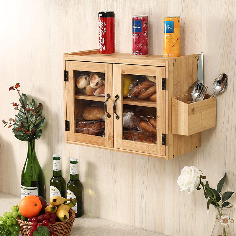 Direct 2 Tier Wall Mounted Bamboo Bread Box with Clear Window and Silverware Holder