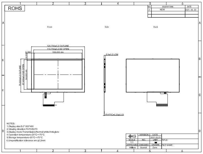 TN Type 5 Inch TFT LCD Screen With ILI5960 ILI6122 Driver IC For Cash Register