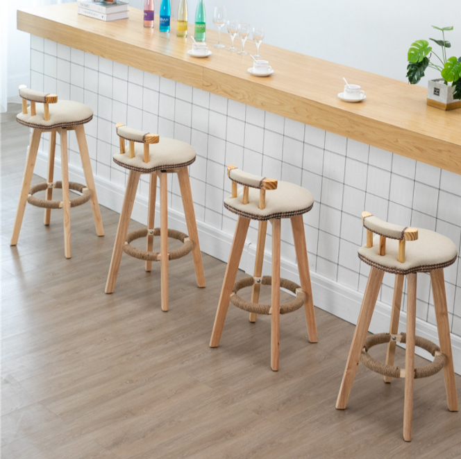 Solid Wood Frame Modern Nordic Bar Chair Stools with High Density Sponge and Fabric/Leather Seat