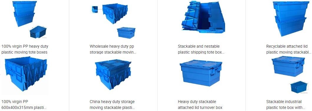 Heavy duty stackable attached lid turnover box, Stackable and nestable plastic shipping tote box for storage or moving