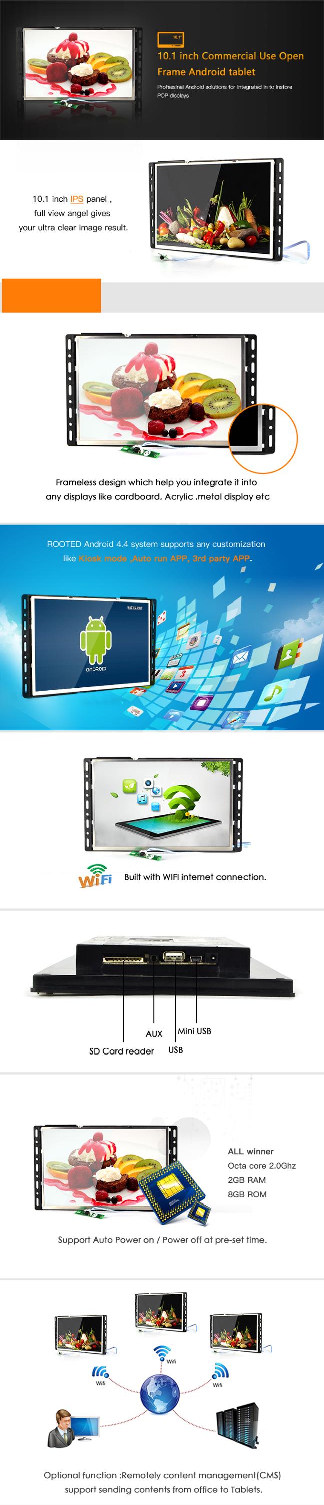10 inch open frame wall mount android6.0 O.S lcd monitor which easy for integrated into POP displays