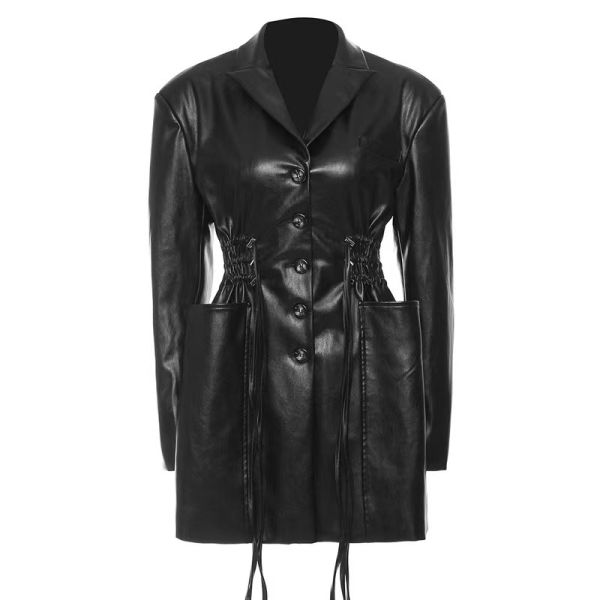 Breathable Women Fashion Drawstring Oversized Midi Winter Pockets Long Leather Jacket Coat PU Jackets