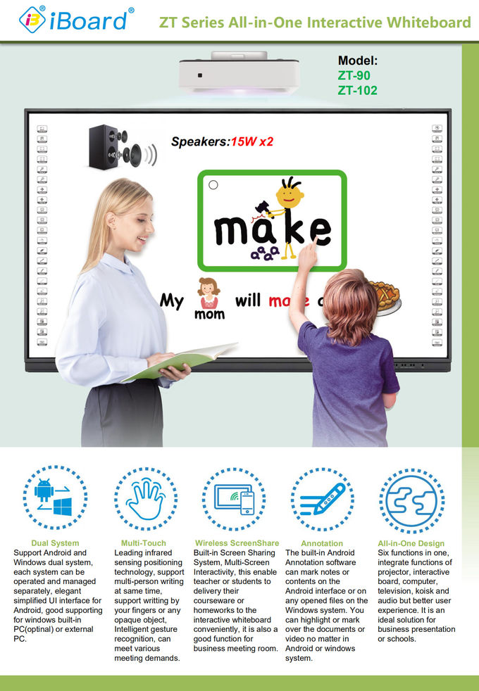 8G 102" All In One Interactive Whiteboard With 10 Touch Points