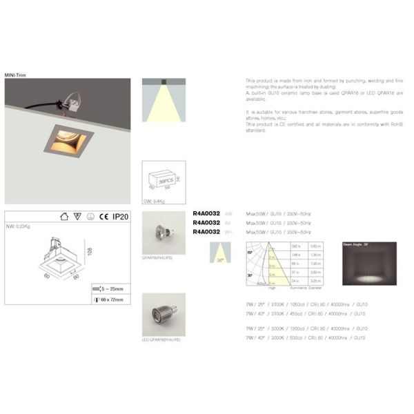 MINI Trim GU10 Square LED Downlights 50w 220v , Three Year Warranty