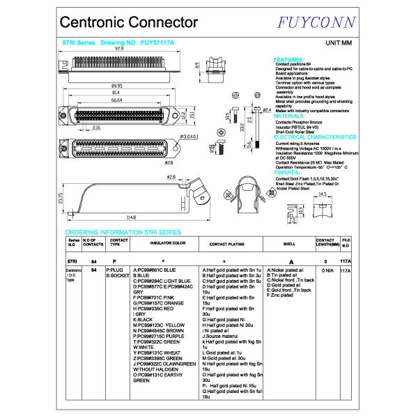 Centronic Amphenol RJ21 64 Pin Champ IDC Plug Connector with 45 degree Matel Cover