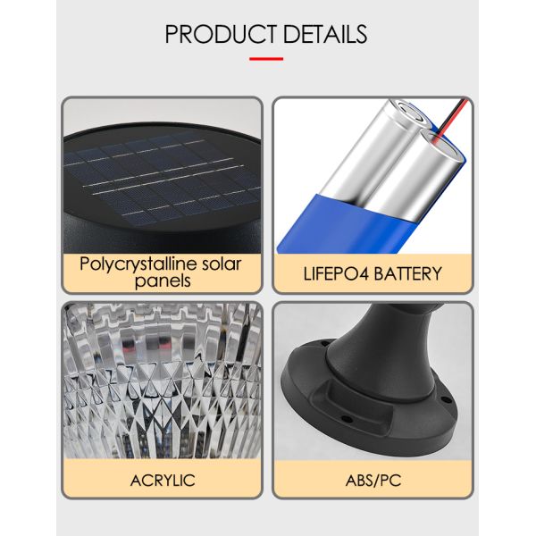 Solar Bollard Lights ABS Material Polycrystalline Sloar Panels Epistar SMD DIA245mm IP65 APP Controlled waterproof