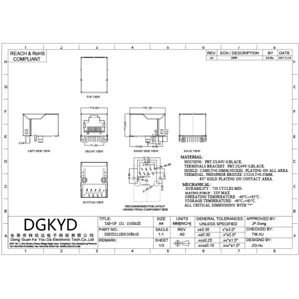 DGKYD211B003GWA4D DIP RJ45 Single Port Modular Network Connector
