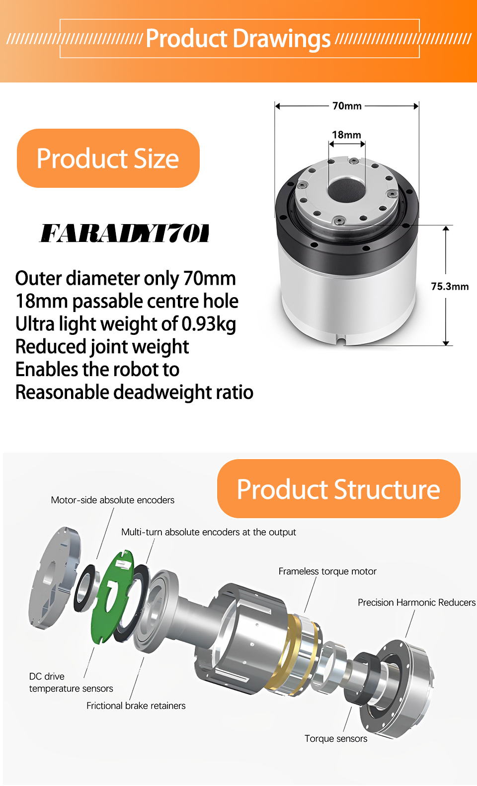 Faradyi 2023 Harmonic Deceleration Servo Motor Encoding Drive Integrated CAN Communication Robot Manipulator Arm Joint Motor