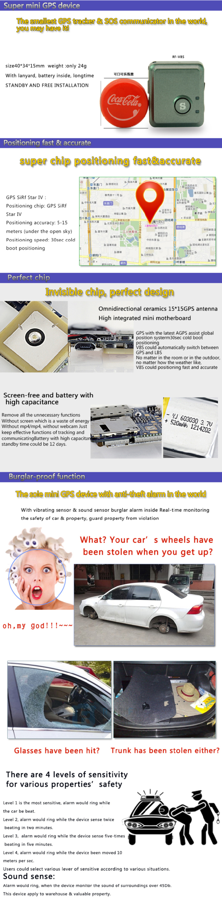 Reachfar rf-v8s vehicle car anti gps tracker connected to vehicle battery with portable tracking system
