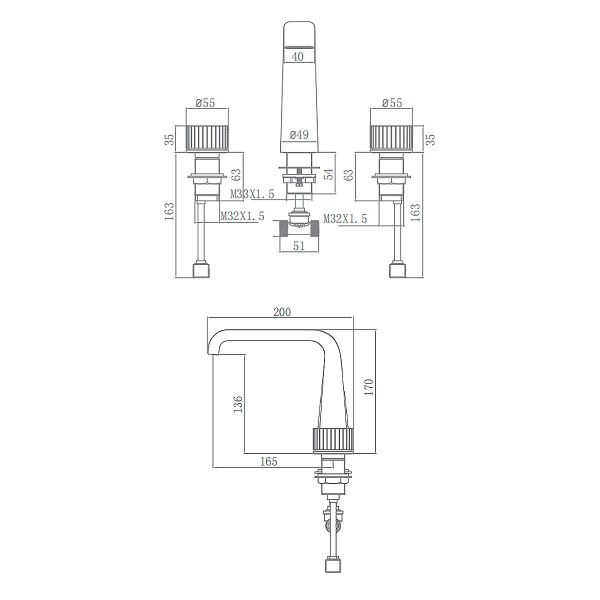 Widespread 3 Hole Two Hand Bathroom Sink Faucet 200mm Width
