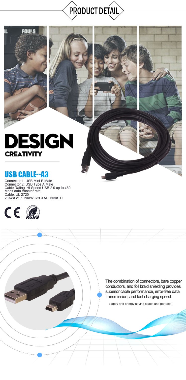 Mini USB Data Transfer Cable 1m 3ft USB 2.0 480Mbps For Camera MP3 Charging