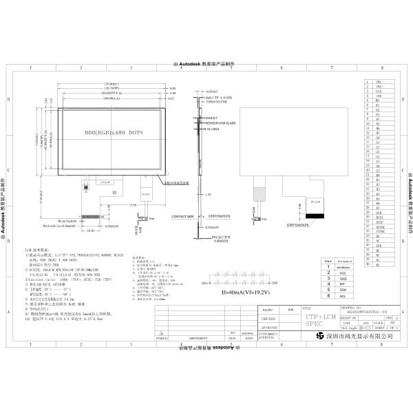 Full Perspective TFT 800x480 LCD Display RGB Interface 40PIN 500cd/m2