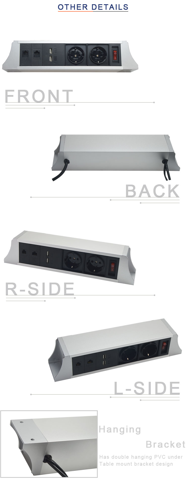 Office Aluminum Under Table Interconnect Electrical Socket / Electric Under Desk Mounted Socket