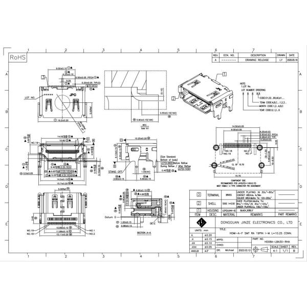 OEM LCP Micro HDMI Connector Plug SMT RA 19Pin Socket Panel Grd Flange