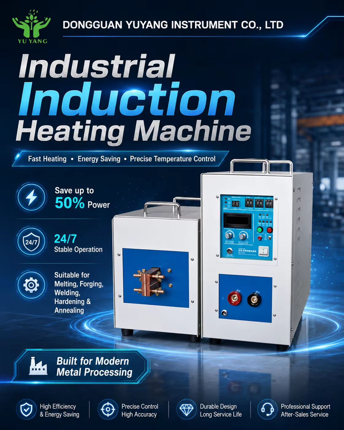 Portable PLC induction heating machine front view showing control panel and induction coil