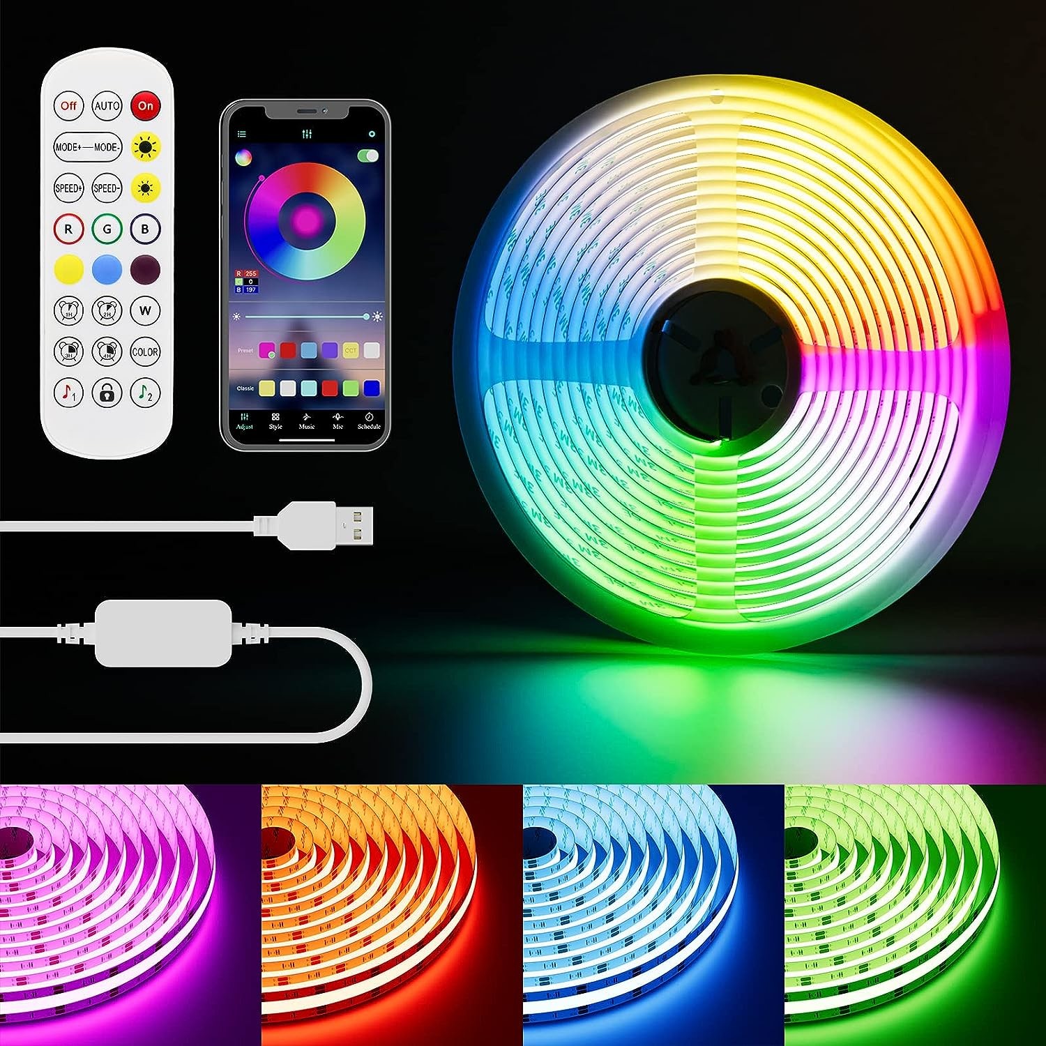 RGB Smart IC COB LED Strip Light Addressable 16.4ft/5m 24V Color Flowing Strip Light Multicolor Flexible Tape Light Kit