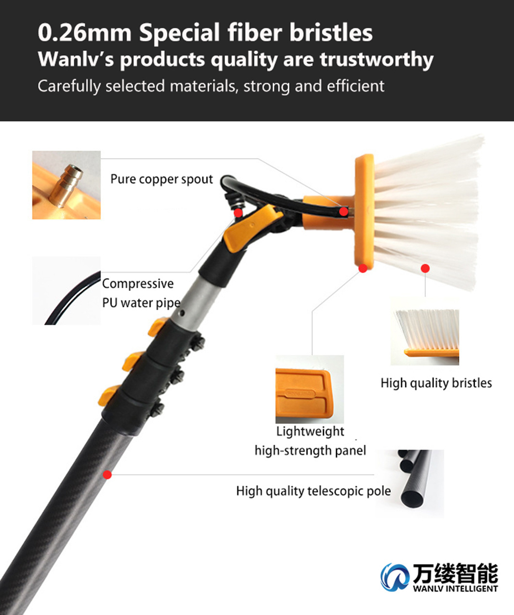 Mobile Solar Cleaning Brush PV Maintenance Tool Manual Cold Wash Brush with 7.5 Meters Handle Connect to 60 Watt Pump