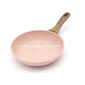 China Colorful kitcheware frying pan with soft touch wooden painting handle hot selling non stick forged frying pan on sale