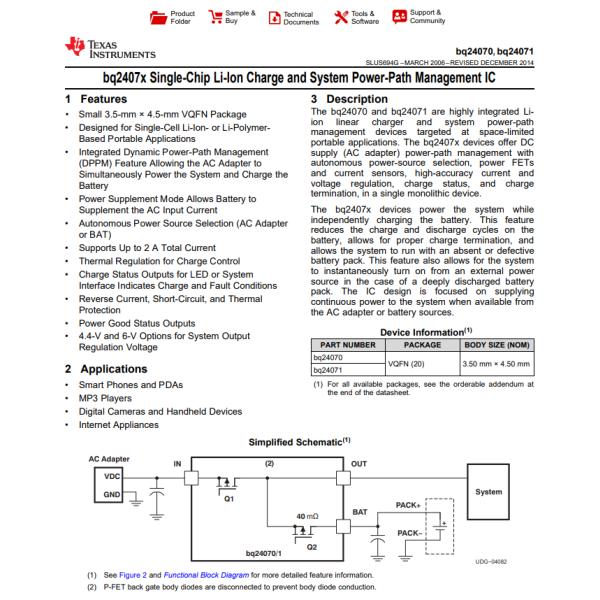 BQ24071RHLR Charger Integrated Circuit IC Chips Lithium Ion/Polymer 20-VQFN