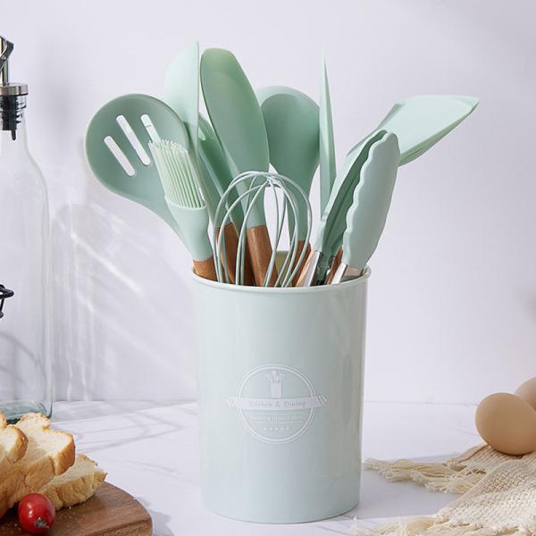 12pcs Nontoxic Silicone And Wood Utensils , Lightweight Silicone Kitchen Accessories