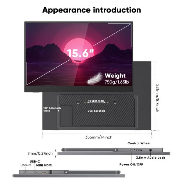 18.5inch Portable Dual Monitor For Laptop 300 Cd/M² Enhanced Screen Expansion