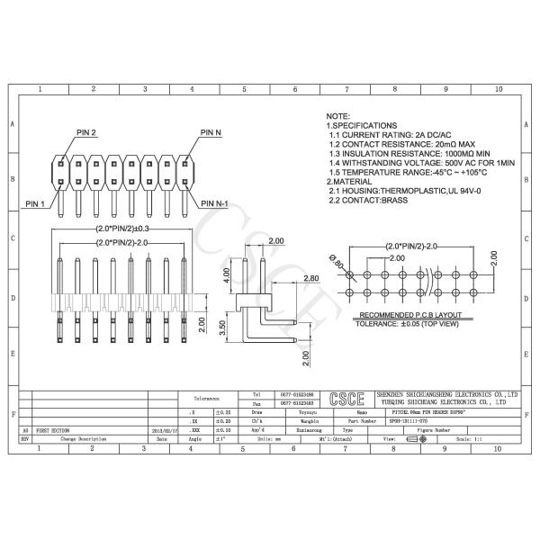 Brass Contact 2A DC/AC Right Angle Pin Header , 90 Degree 2mm Pitch Connector