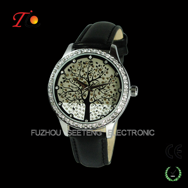 Fancy diamond inset case unique tree design dial with color PU leather band for ladies