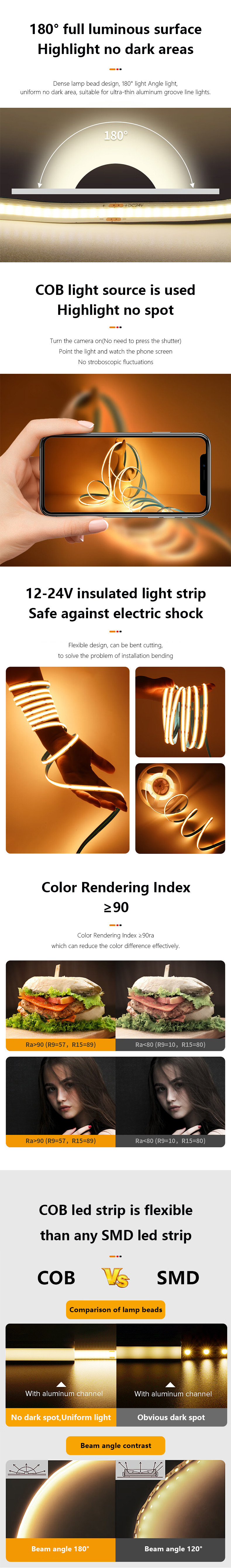 Cuttable COB LED Strip Light Kit 24v with 50000 Hours Lifespan and Multi Colors White
