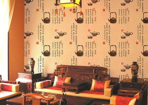 Durable Non Pasted Waterproof Chinese Pattern Wallpaper With Teapot / Ancient Portey Printing