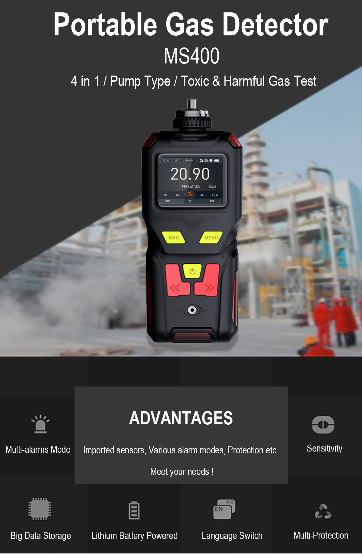 IP65 Zetron MS400 Portable Carbon Monoxide And Smoke Detector CE