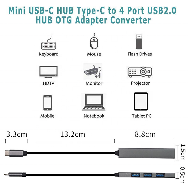 Type C Interface 4 In 1 4 Ports Hub Type-C OTG To USB 3.0 2.0 Adapter Aluminium Alloy