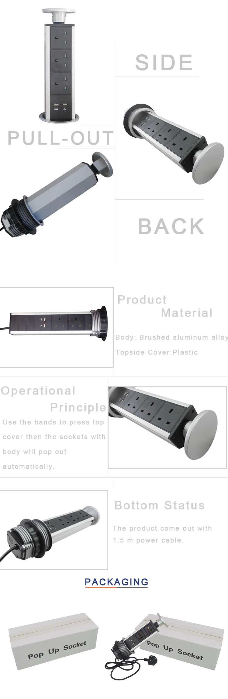 Kitchen Pop Up Socket / Pull Up Outlets / Office Vertical Pop Up Power Jack With USB Charger