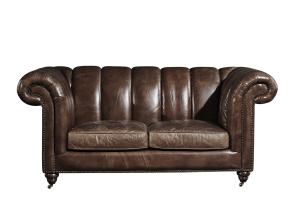 Solid Wood Legs Two Seater Brown Leather Settee , Chesterfield Sofa Bed With Universal Wheels