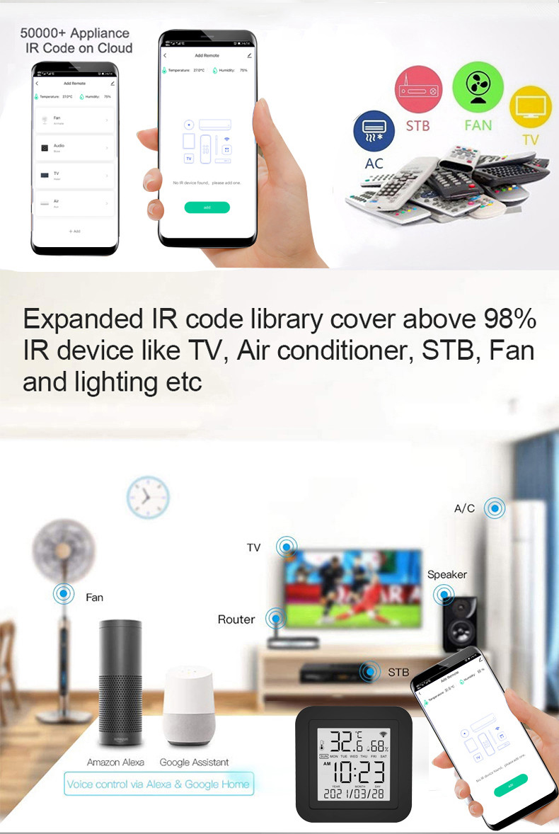 10m Wifi Smart IR Remote Control With Temperature And Humidity Sensor AC Works With SMART SPEAKER