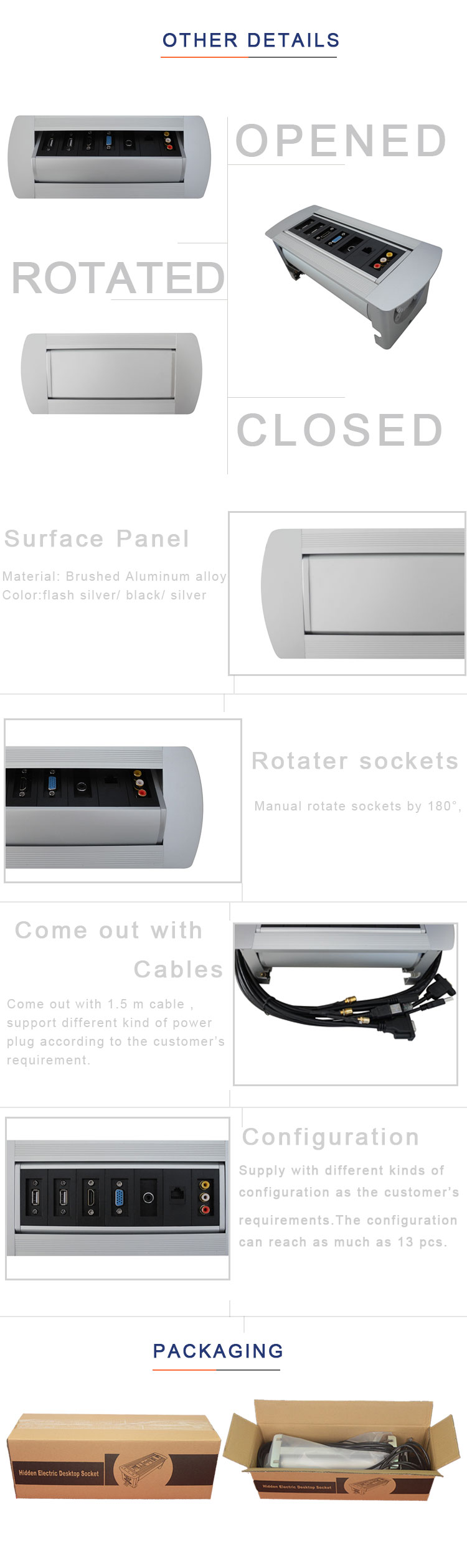 Manual rotating conference table socket outlet with multiple power plug
