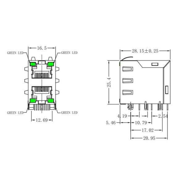 XRJD-S-21-8-8-4 Stacked RJ45 2x1 Without Transformer Networking Connector LPJE106XAHNL
