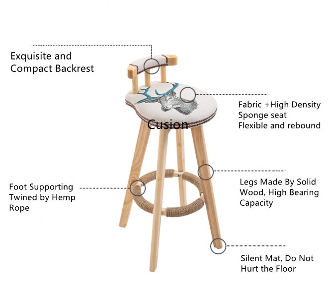 Solid Wood Frame Modern Nordic Bar Chair Stools with High Density Sponge and Fabric/Leather Seat