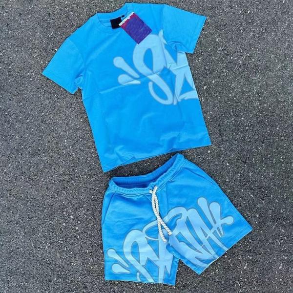 Quality Custom Logo Applique Embroidery Patches High Street Print Tees T Shirt Trendy Short Sleeve Cotton Tracksuit Short Sets for Men for sale