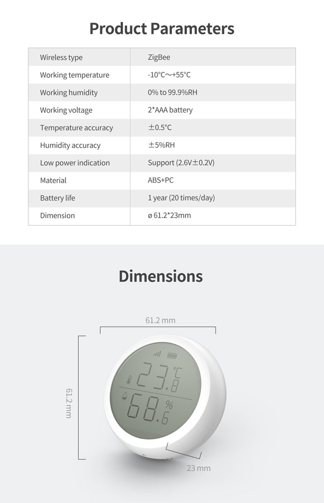 Zigbee 3.0 Tuya Temperature Humidity Sensor 2.5V Low Power Battery 61.2x23mm