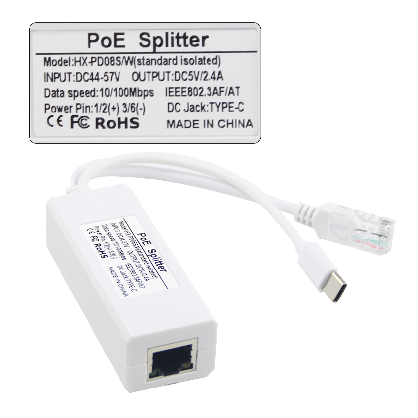 USB From 48 Volt POE Splitter To 12V Camera 802.3af USB Type C Single Lan Port 1A 1.2A